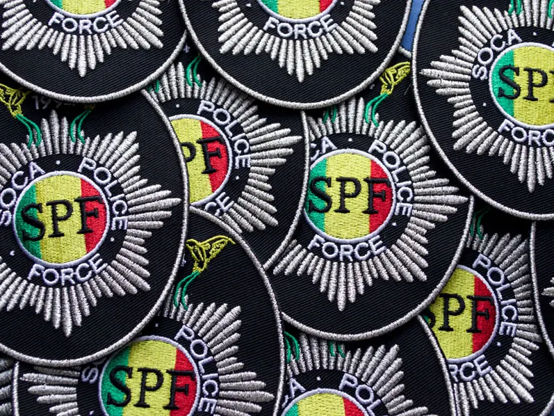 A tray of finished embroidered badges, each with a gold and enamel-look crest.